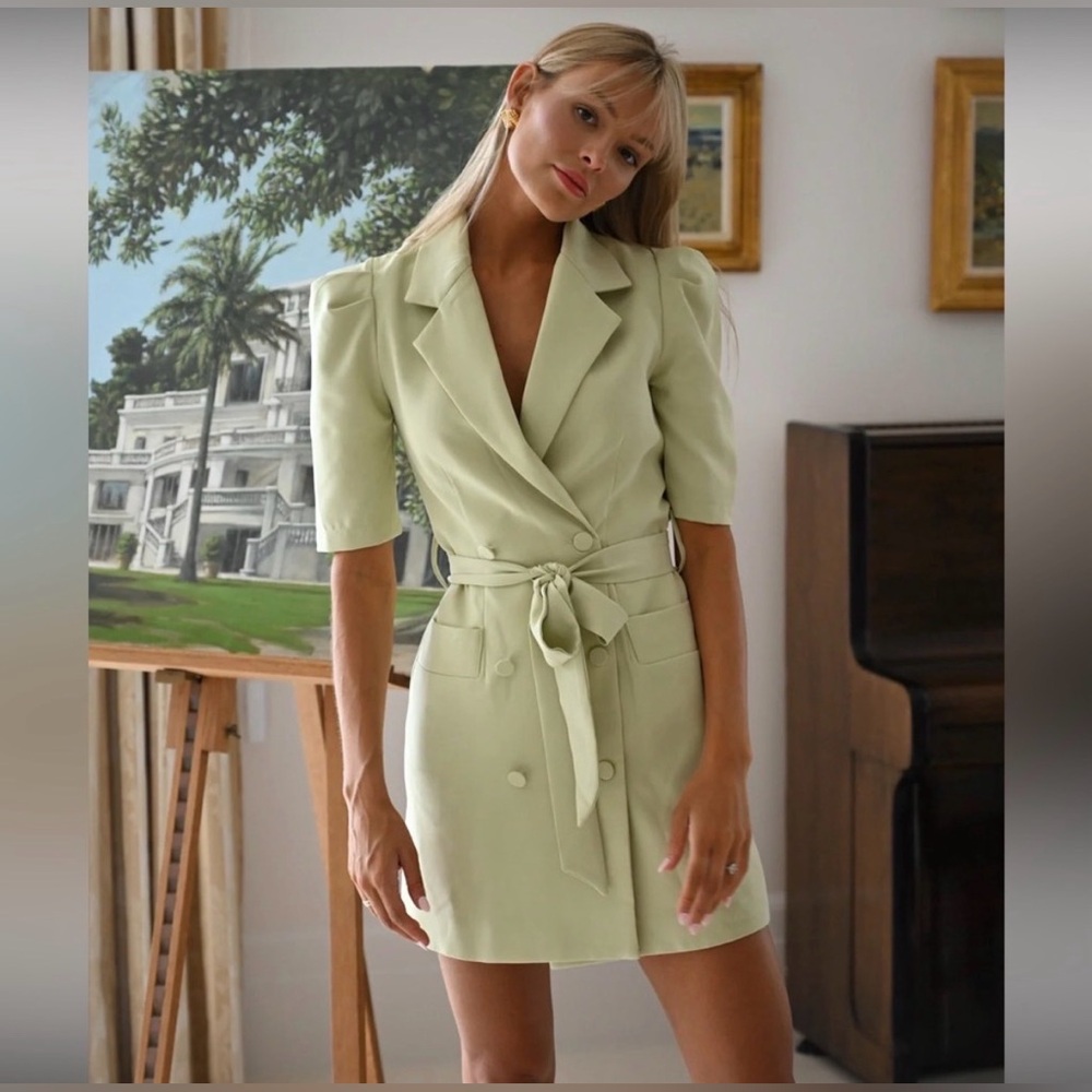 Yllw The Label Randy Puff Sleeve Blazer Dress Pea Green Small